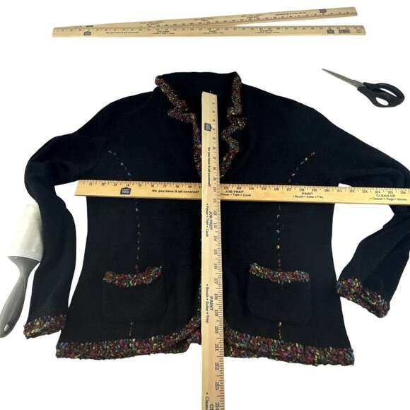Chico's Black Knit Cardigan Jacket Size 2 Multicolor Trim Button Front Pockets - Picture 6 of 6